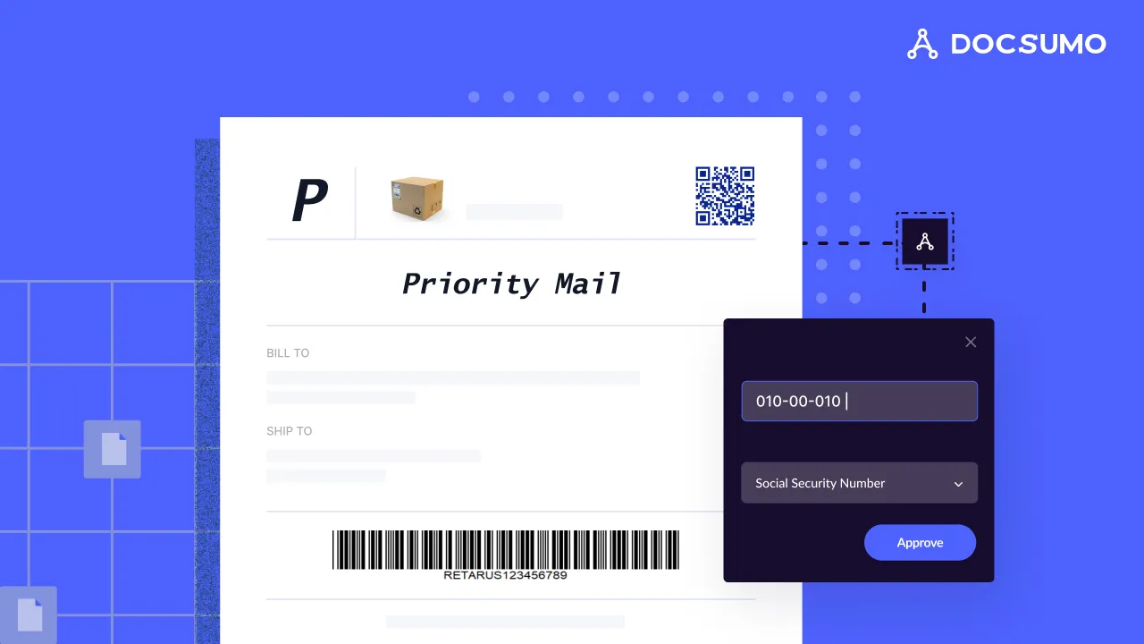 Illustration of a Priority Mail shipping label with a field extracted and labeled for approval