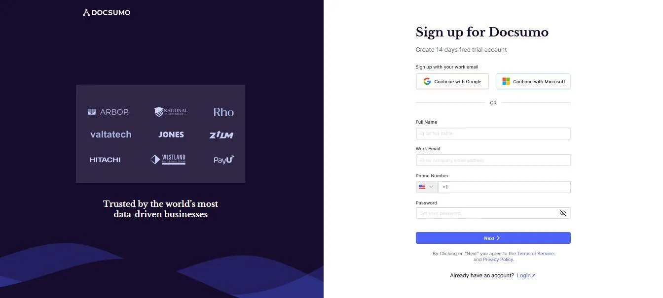 Docsumo sign-up page for a 14-day free trial account