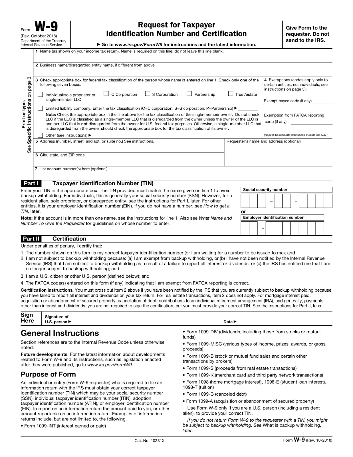 IRS Form W-9, Request for Taxpayer Identification Number and Certification (Rev. October 2018)