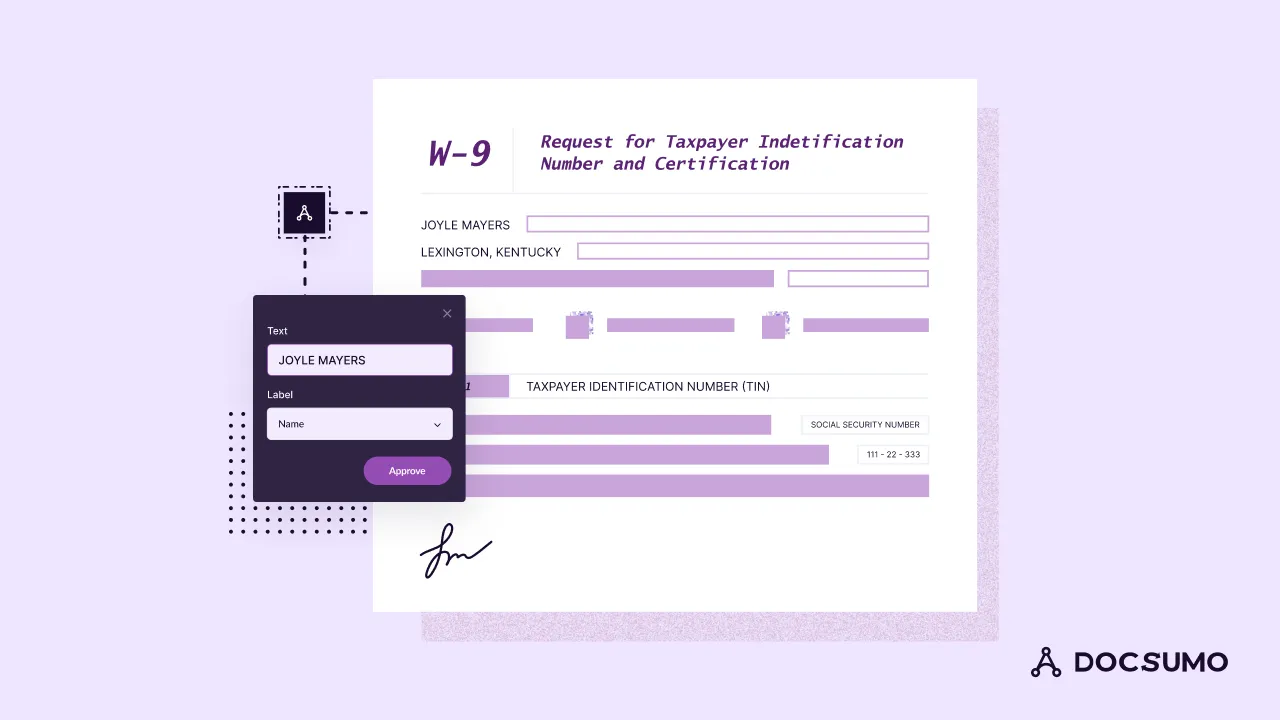 W-9 form with the taxpayer name extracted and labeled in Docsumo