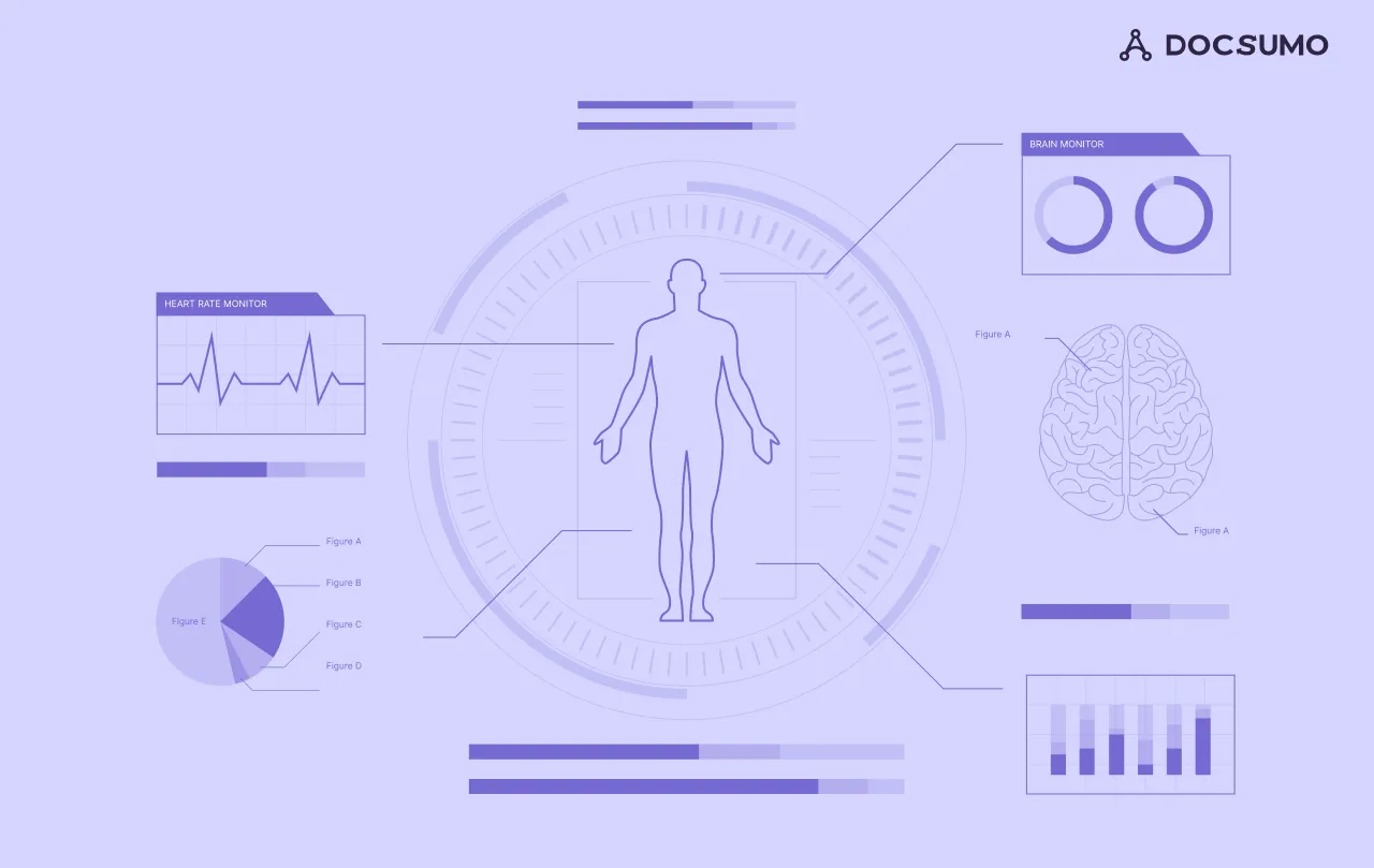 Illustration of medical imaging data: a human body outline with heart rate, brain scan and chart panels