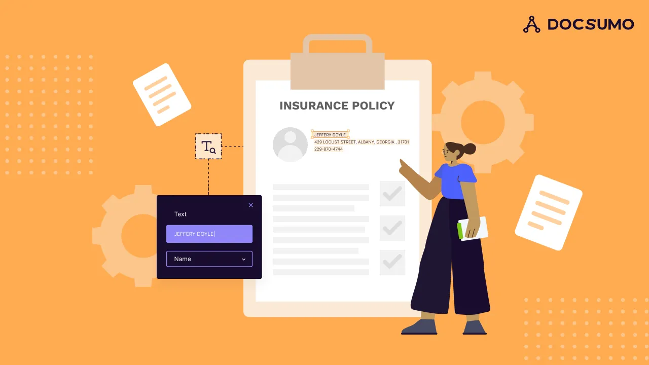 Illustration of an insurance policy with the policyholder name extracted into a labeled text field