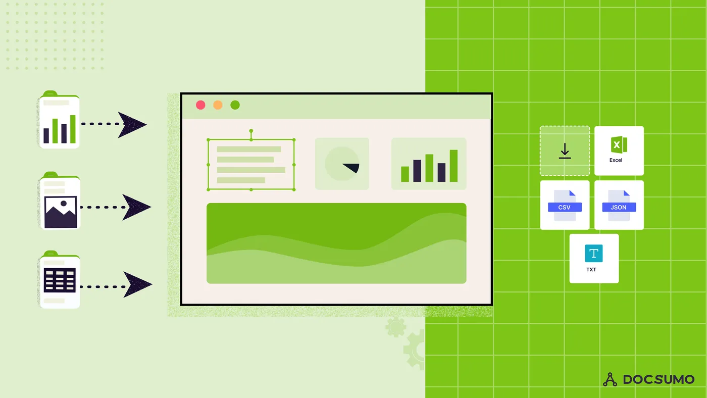 Charts, images and tables flowing into a software window and exported as Excel, CSV, JSON and TXT files