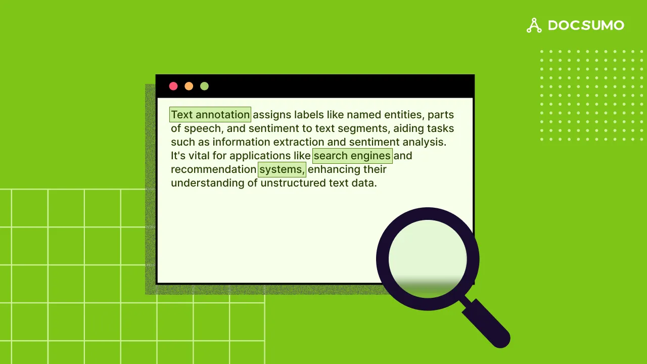 A text window with key phrases highlighted as annotations, under a magnifying glass