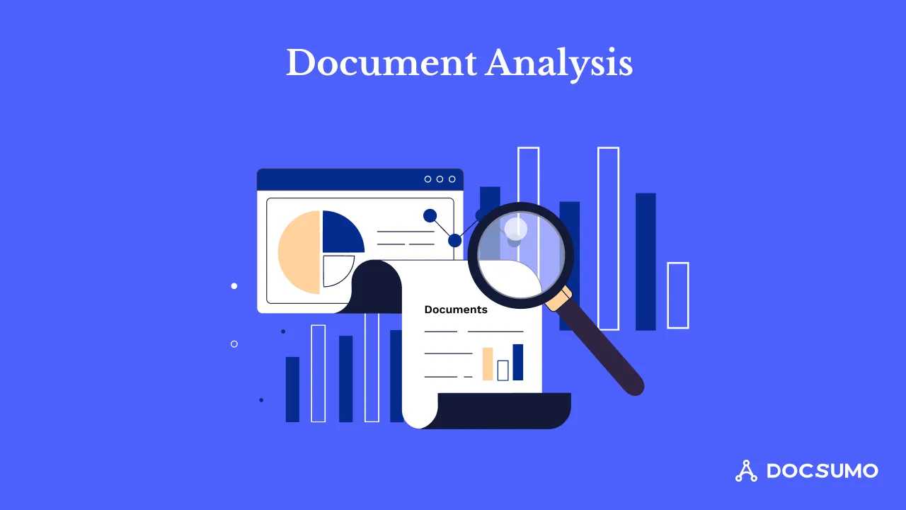 Illustration of document analysis: a document examined with a magnifying glass alongside charts