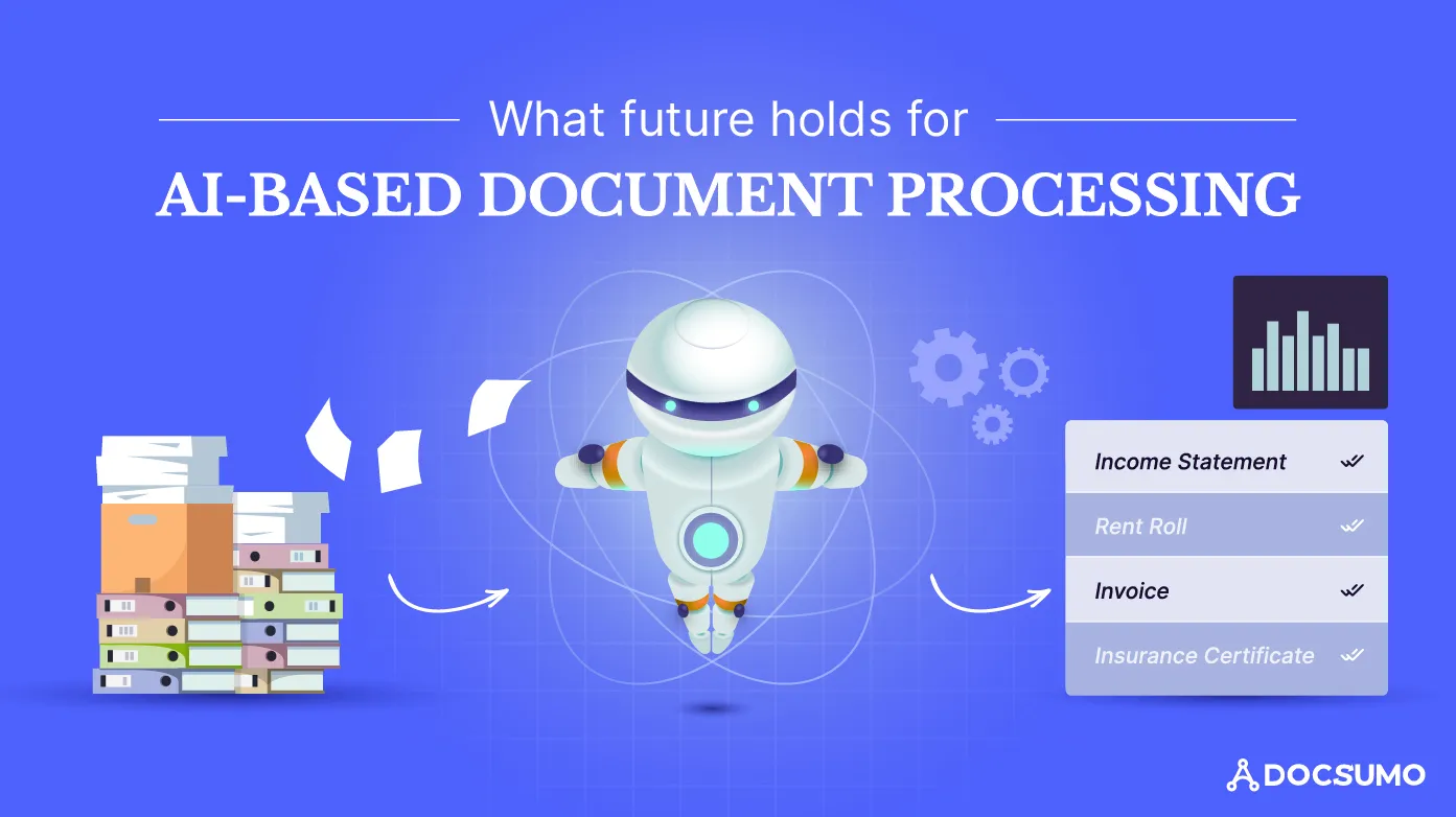 A robot turning a stack of paper files into sorted document types such as income statement, rent roll, invoice and insurance certificate