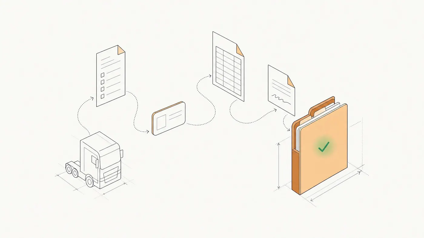 Line illustration of a truck cab, an application form, a license card, a driving record and a signed certificate moving along a dotted path into one driver file folder with a green check