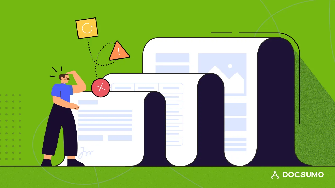 Illustration of a confused person facing long, complex documents with error warnings