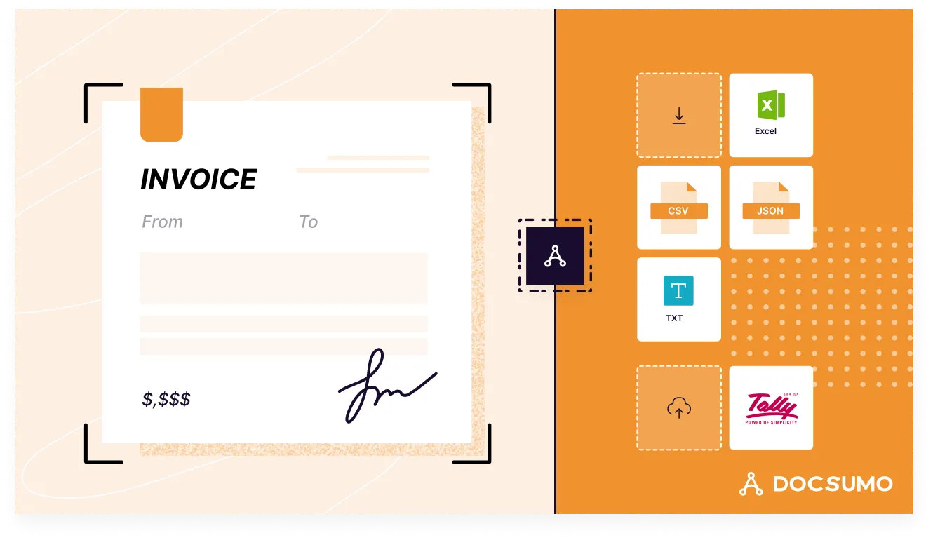 Illustration of an invoice being converted to Excel, CSV, JSON, TXT and Tally formats