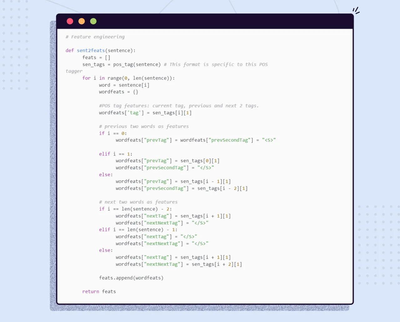 Python feature engineering function that adds part-of-speech tags of neighboring words