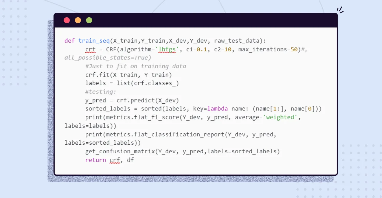 Python code training a CRF model and printing F1 scores and a classification report