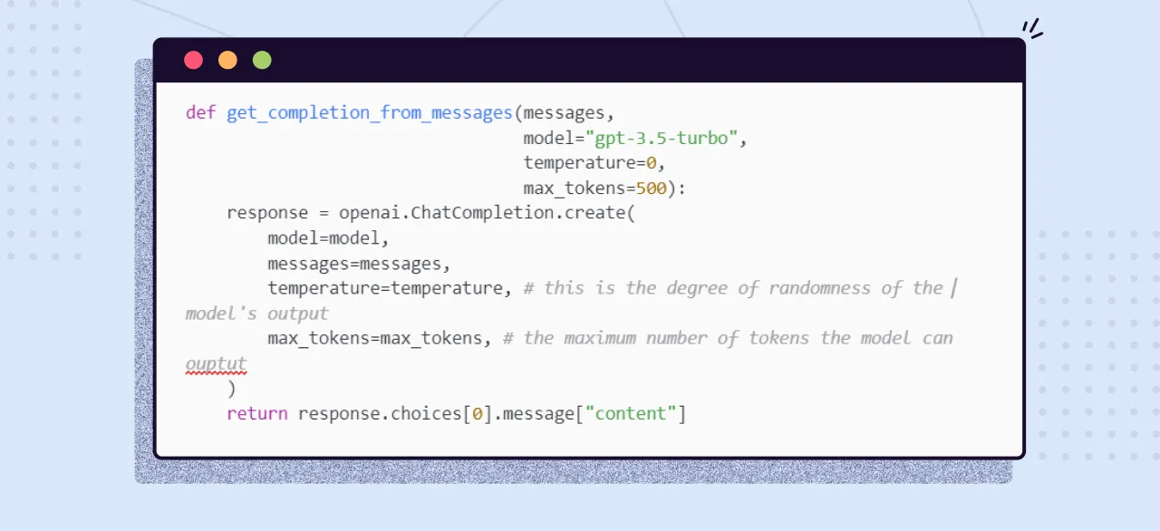 Python helper that sends chat messages to gpt-3.5-turbo and returns the response