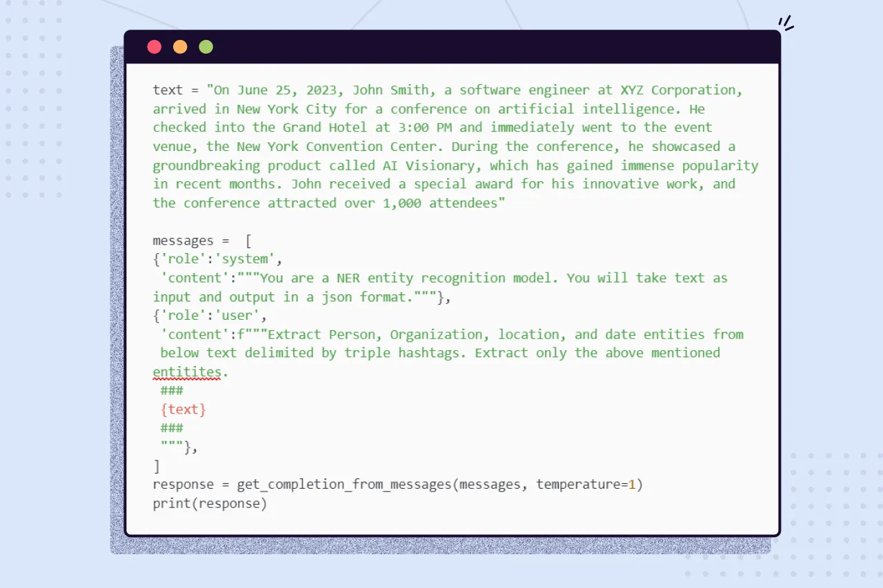 Prompt asking the model to extract person, organization, location and date entities from a sample paragraph as JSON