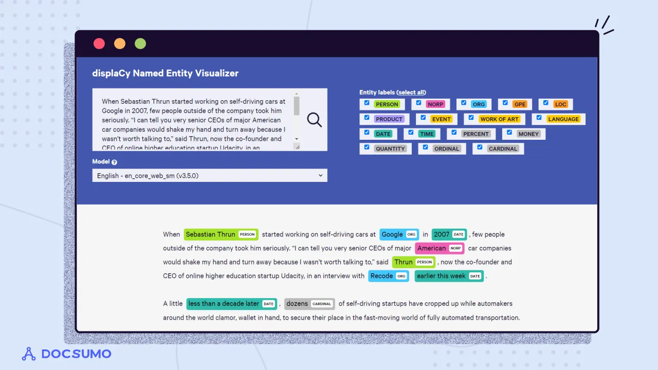 Illustrates the function of NER using the displaCy visualizer by explosion.ai