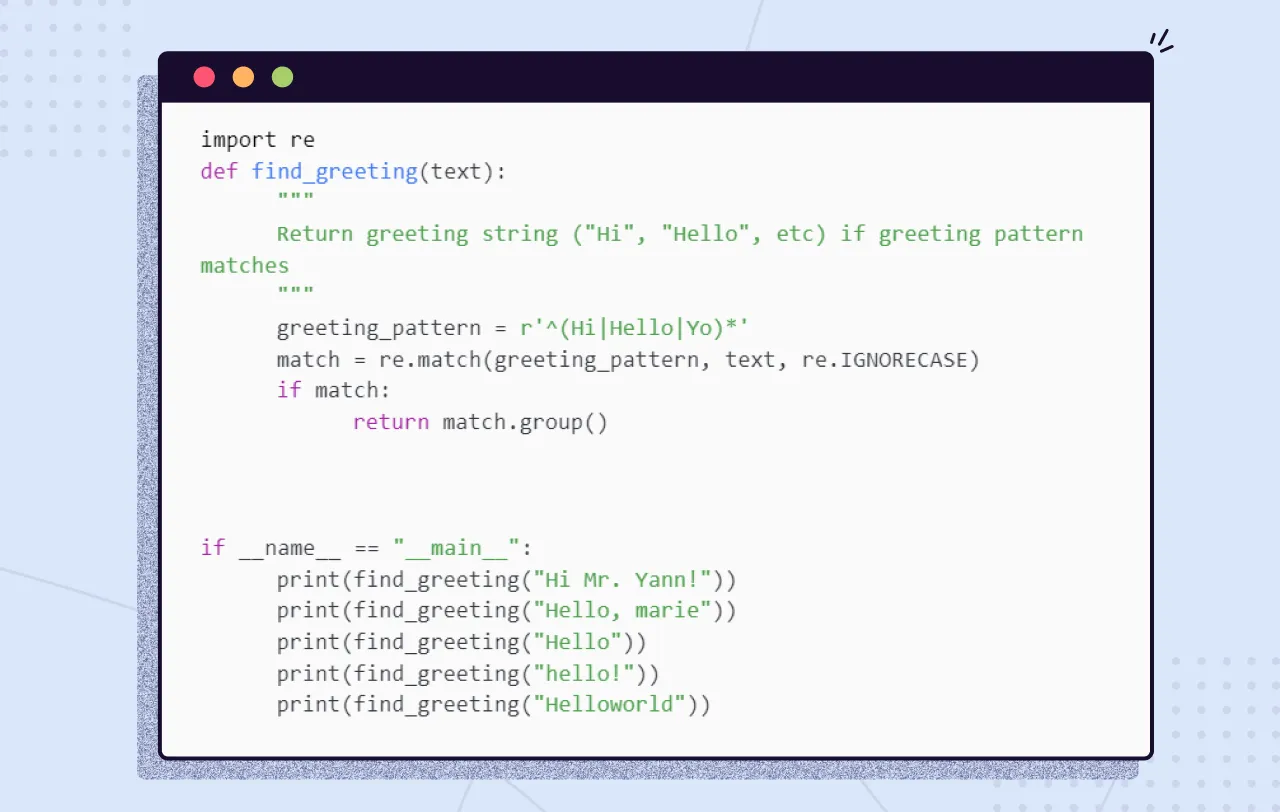 Python function that matches greetings with a regular expression