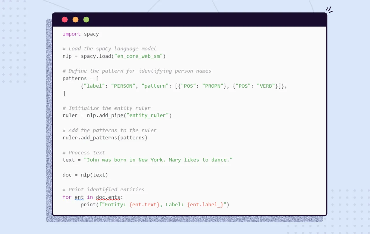 spaCy entity ruler code that adds a pattern for person names