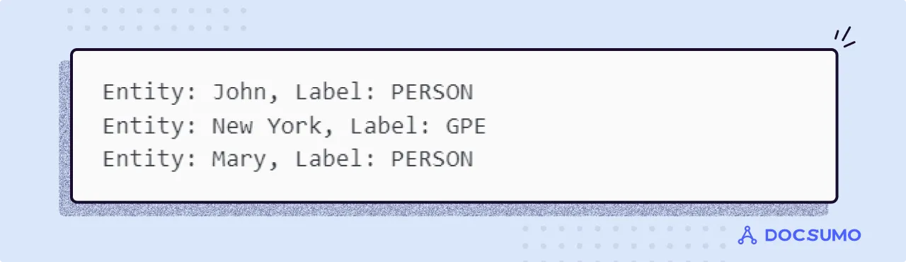 spaCy output listing John and Mary as PERSON and New York as GPE