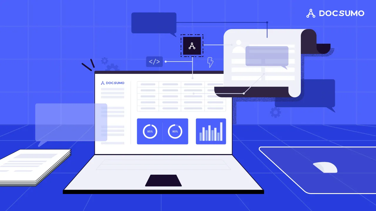 Illustration of documents processed by Docsumo into structured data and charts on a laptop