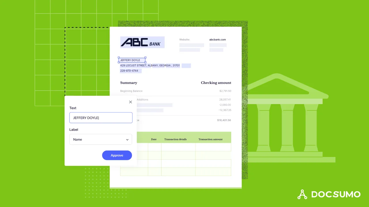 Illustration of an ABC Bank statement with a field-labeling panel, next to a bank building icon