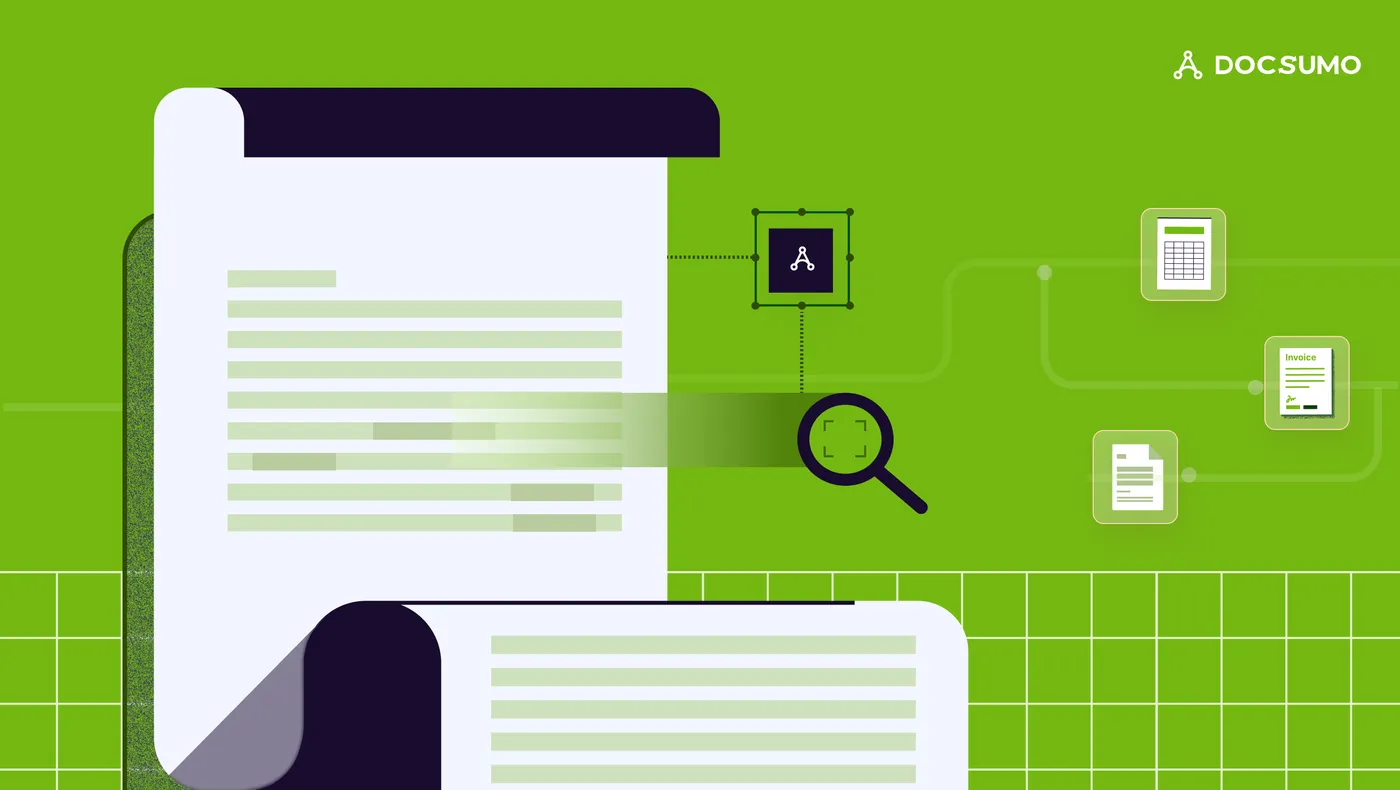 Illustration of a financial document being scanned with a magnifying glass, with extracted fields sent to spreadsheet and document icons