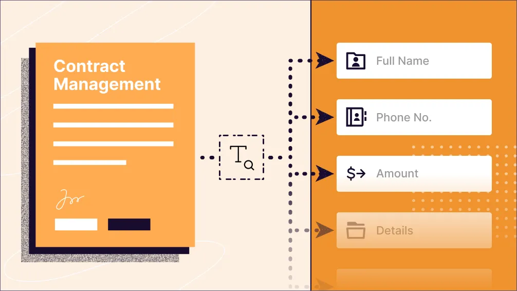 Illustration of a contract document with OCR extracting full name, phone number, amount and details fields
