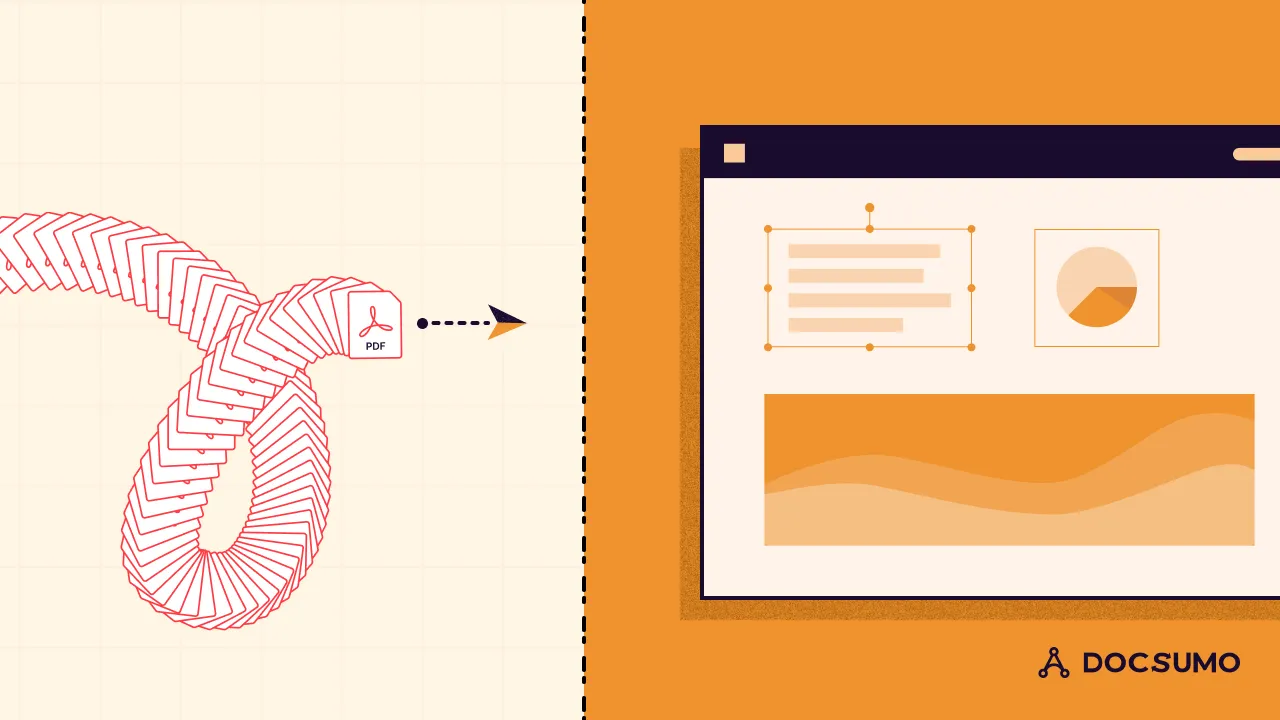 Illustration of a stream of PDF pages converted into a structured document view with charts