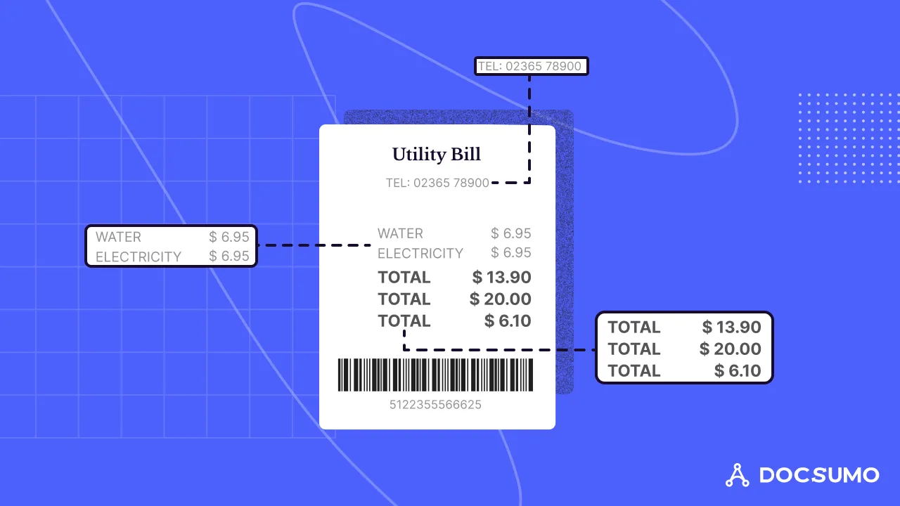 A printed utility bill receipt with its phone number, line items and totals highlighted for extraction