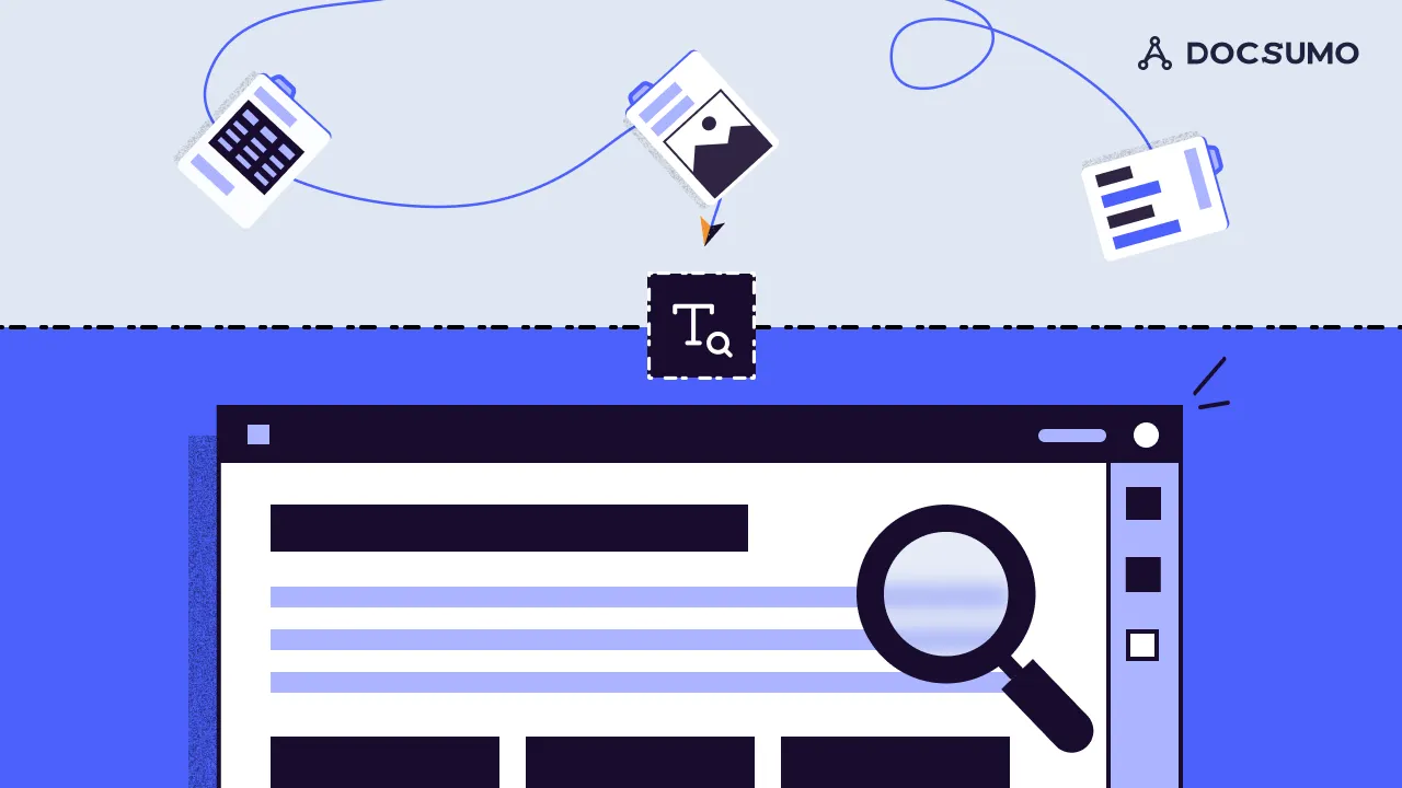 Documents flowing into a text recognition icon above a screen being examined with a magnifying glass
