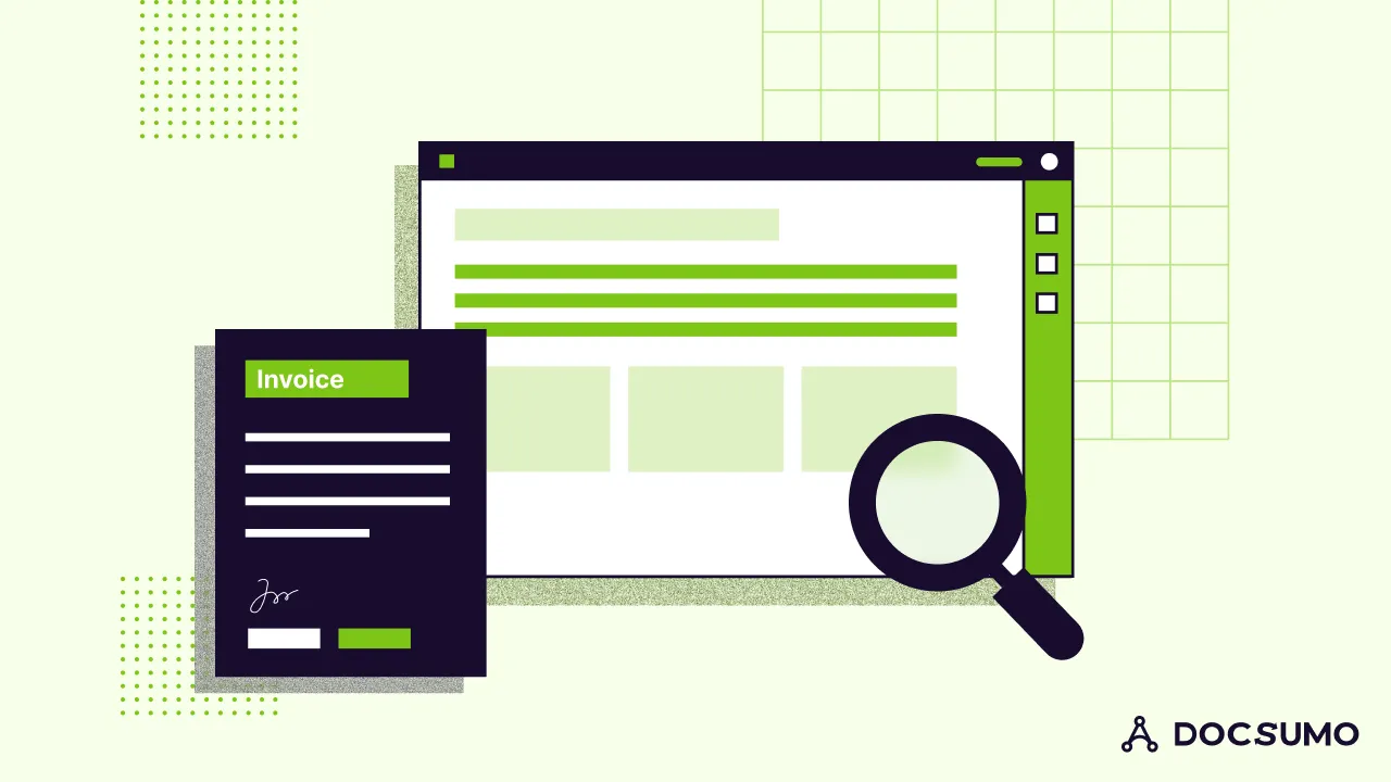 Illustration of an invoice next to a screen with extracted data and a magnifying glass