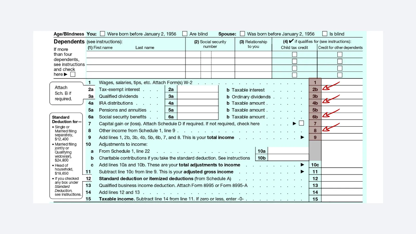 Section of Form 1040 with arrows pointing to line numbers 2b, 4b, 6b and 8 printed next to the entry boxes