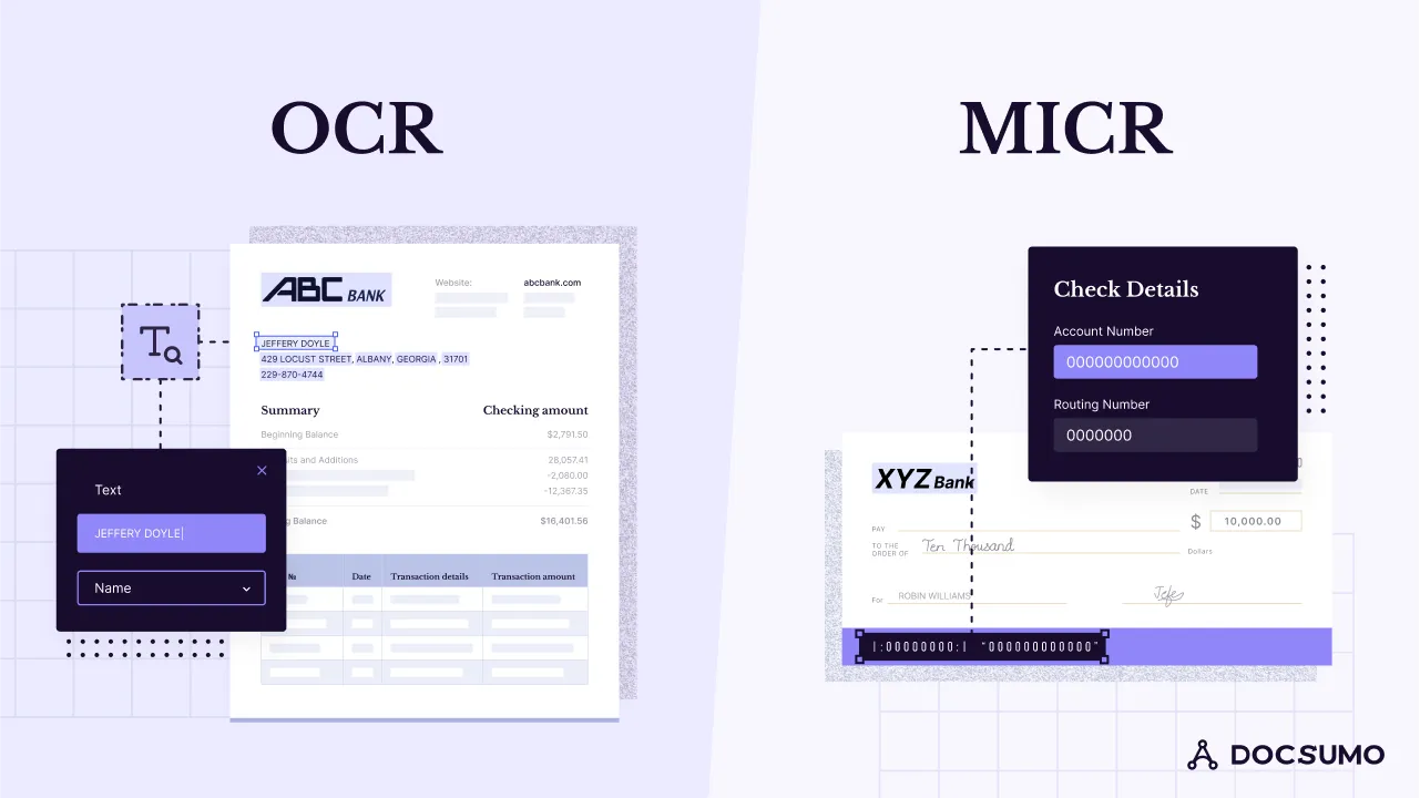 Side-by-side illustration of OCR capturing a name from a bank statement and MICR reading the routing and account numbers from the line at the bottom of a check