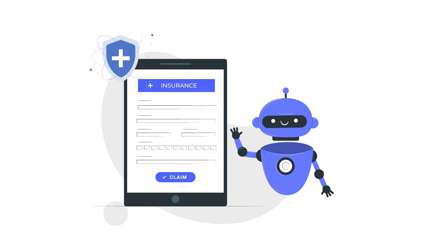 Illustration of a friendly robot next to a tablet showing an insurance claim form with a claim button