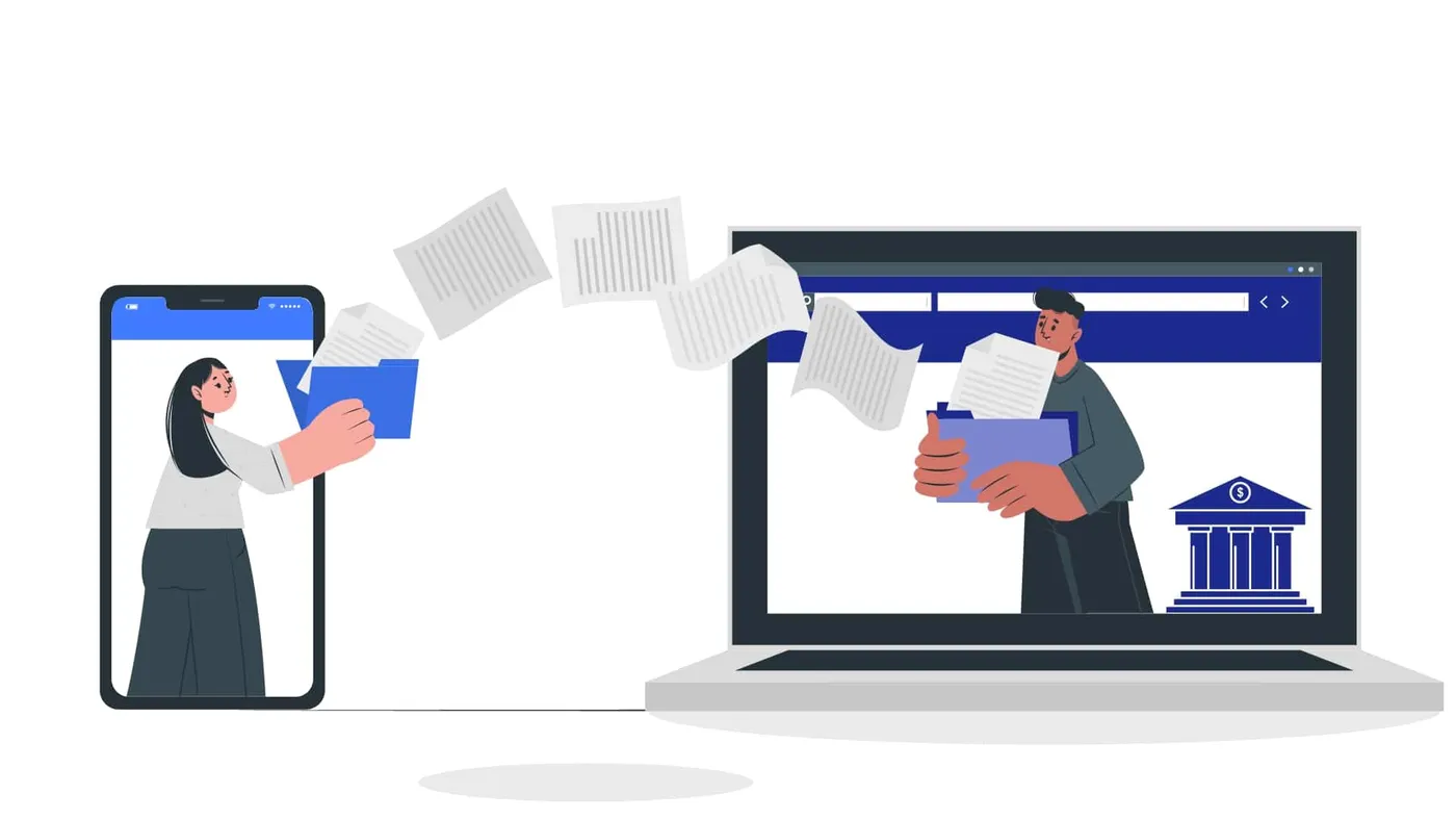 Illustration of documents flying from a person on a phone screen to a person holding a folder on a laptop screen next to a bank icon