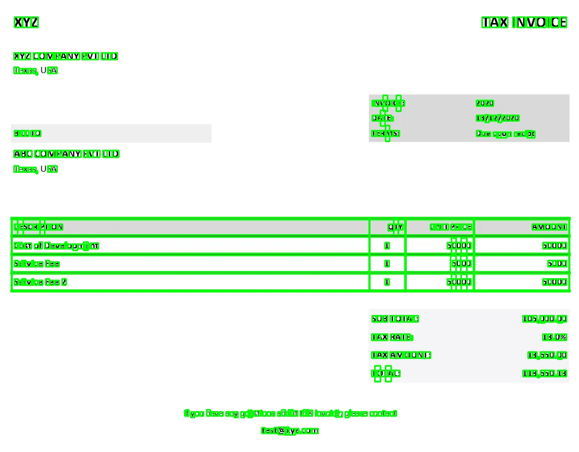 An invoice with a green box drawn around every character Tesseract detected