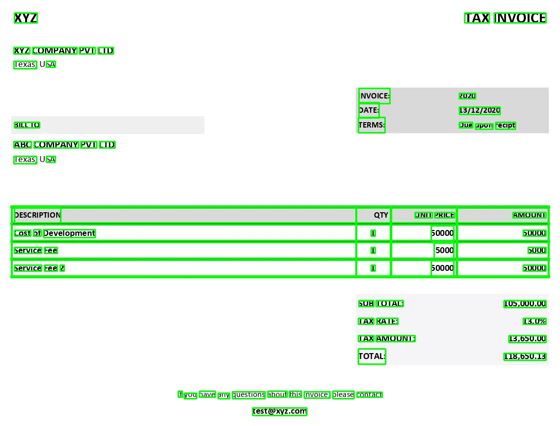 The same invoice with green boxes around each word and around the rows of the line-item table