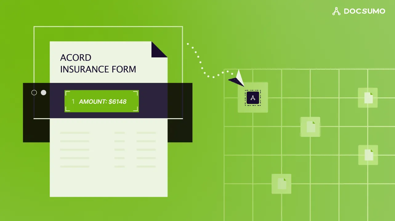 An ACORD insurance form with an amount field highlighted, sending data into a grid of documents