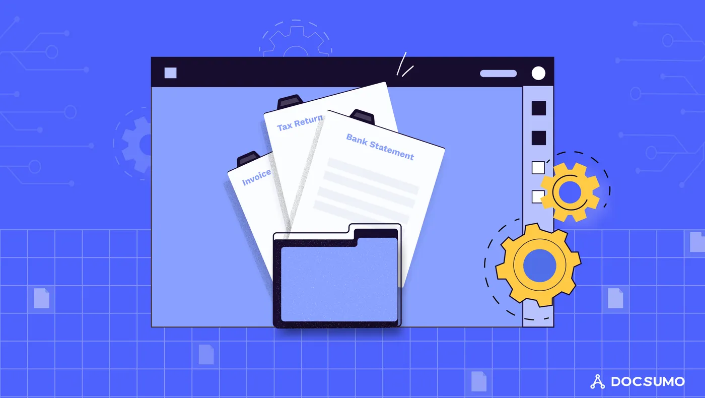 Illustration of an invoice, a tax return and a bank statement going into a folder inside an application window with gears beside it